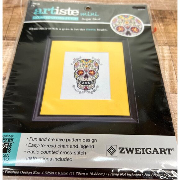 Colorful Sugar Skull Mini Counted Cross-Stitch Kit By Artiste Includes Zweigart - Picture 1 of 3